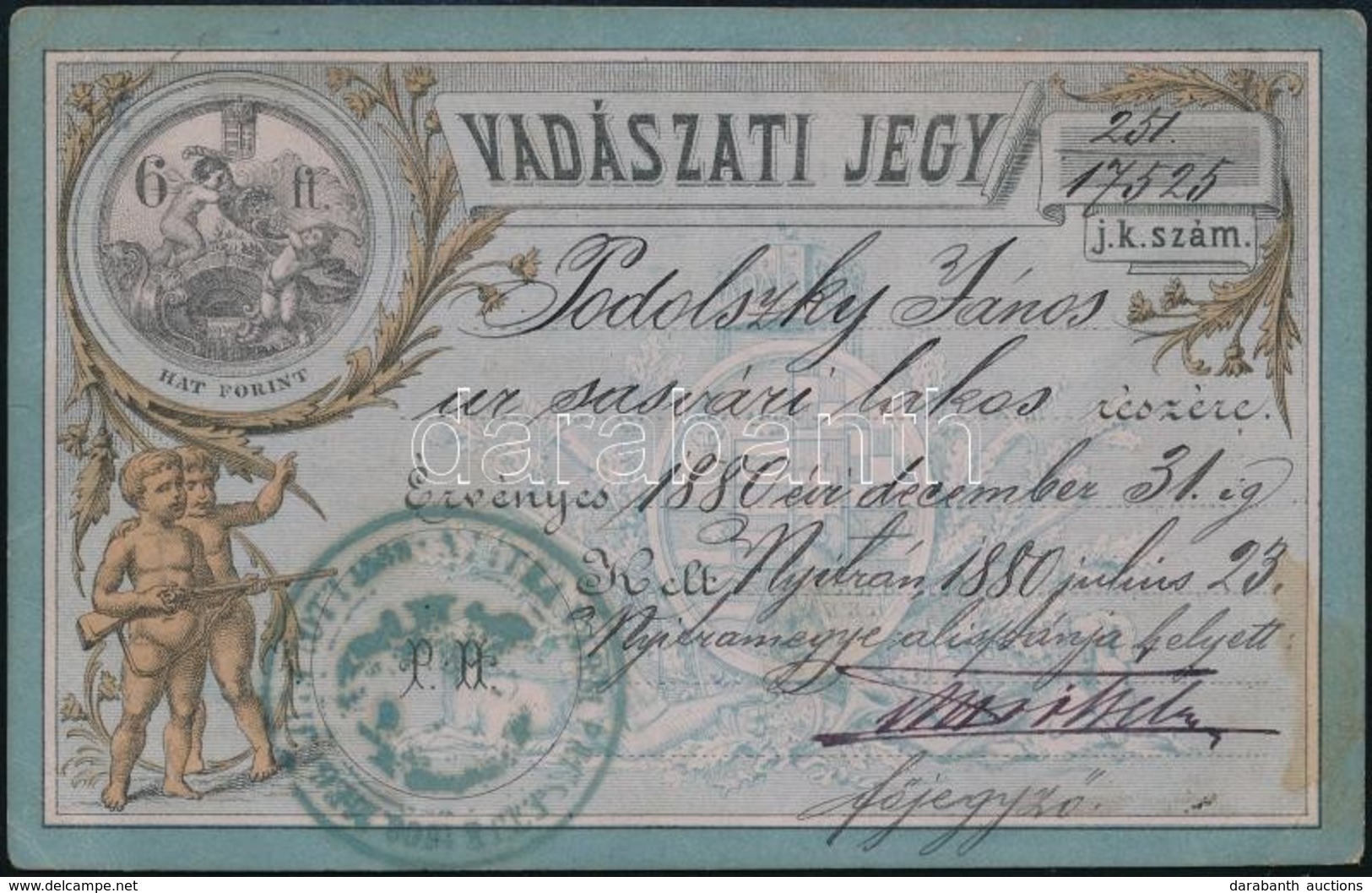 1880 Vadászjegy II. Tip  Vadászati Jegy / Hunting Licence - Non Classificati