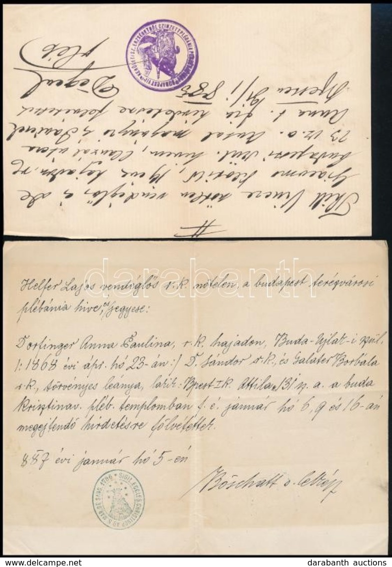 1885-1887 Vendéglős Jegyespár Egyházi Papírjai, 2 Db - Non Classificati