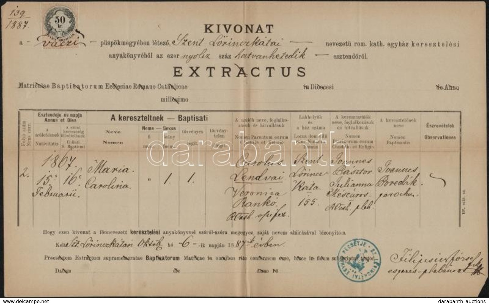 1887 Szentlőrinckáta, Születési Anyakönyvi Kivonat, 50 Kr Okmánybélyeggel - Ohne Zuordnung