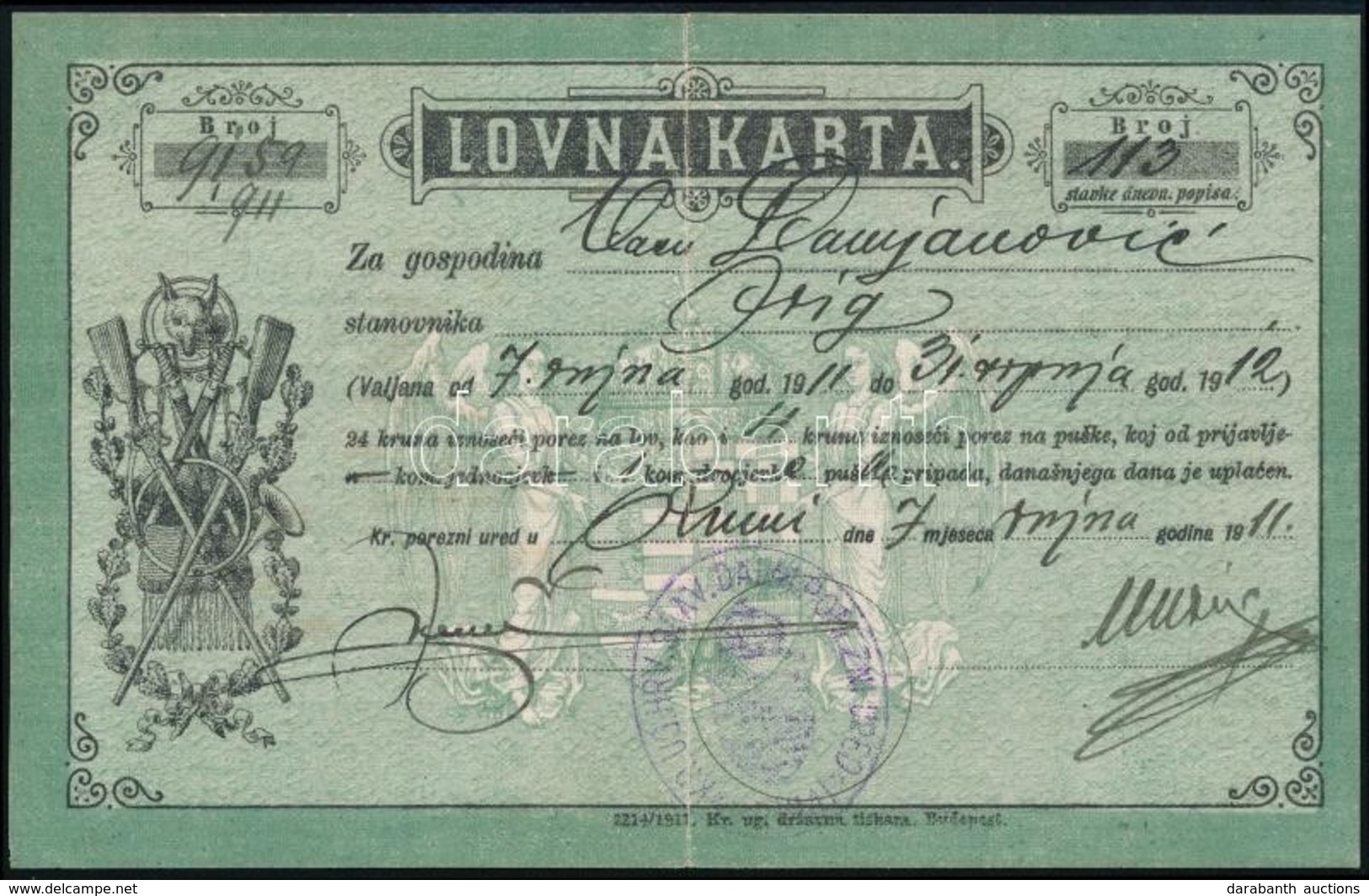 1912 Horvát Vadászjegy - Lovna Karta / Croatian Hunter Licence - Ohne Zuordnung