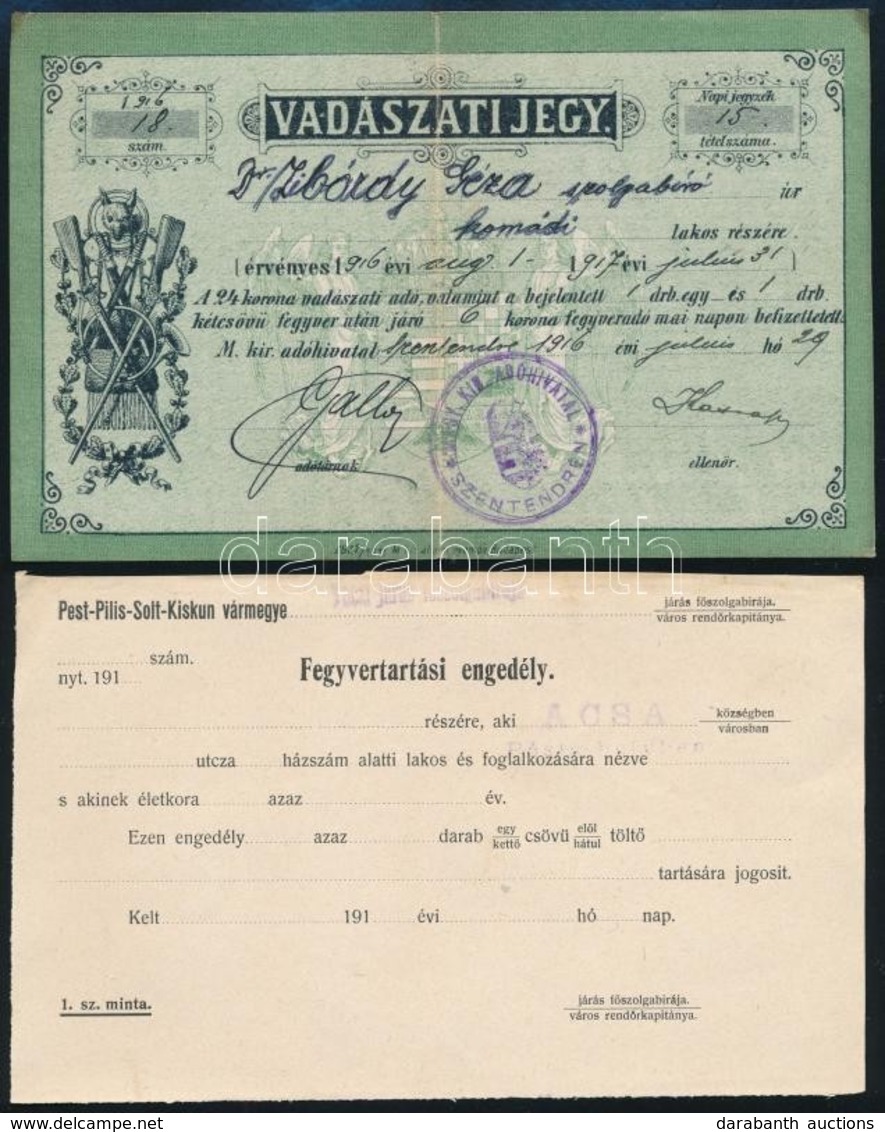 1916 Vadászati Jegy Vadászjegy + Fegyvertartási Engedély / Hunter Licence - Ohne Zuordnung