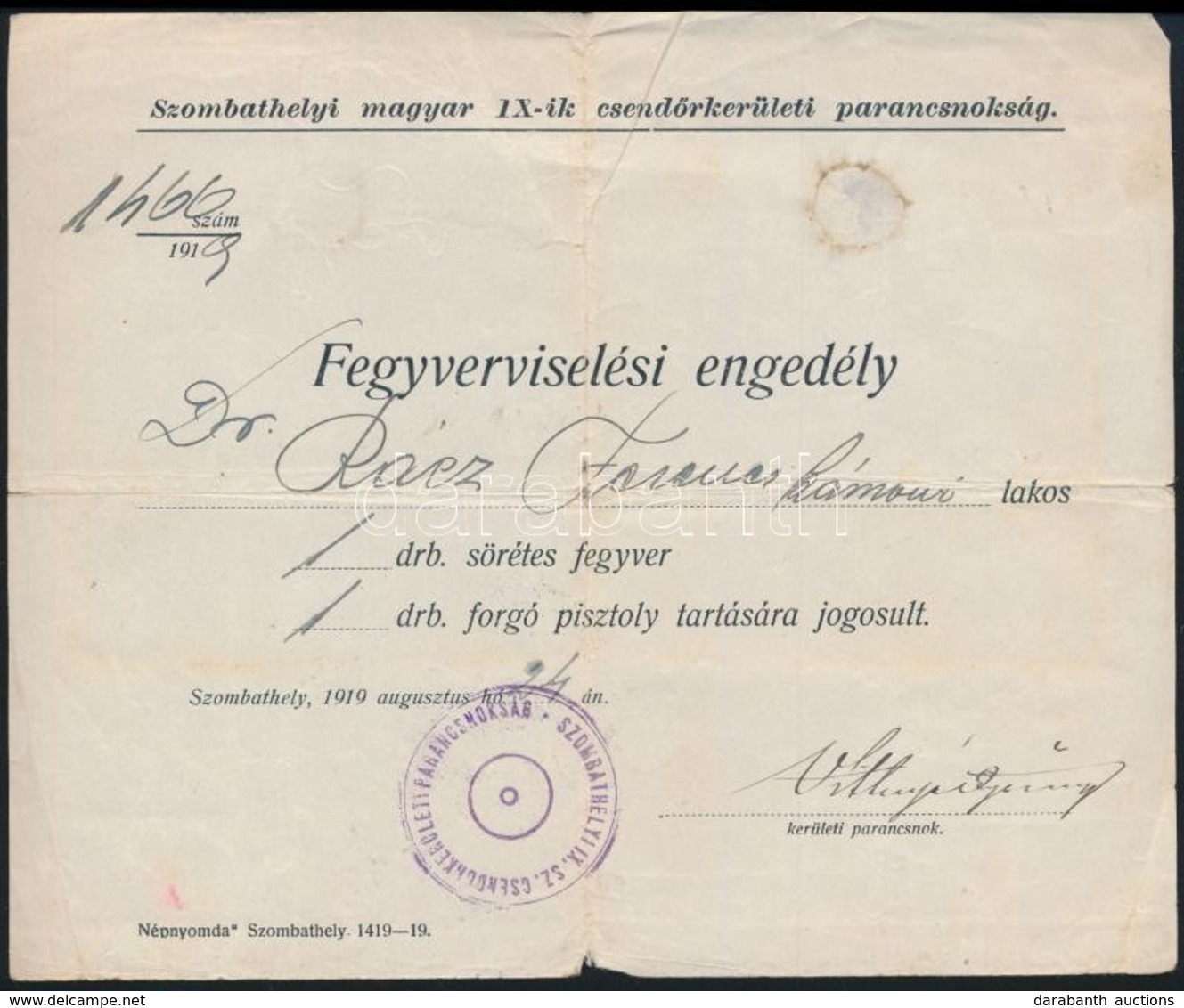 1919 Szombathelyi Csendőrparancsnokság Fegyverviselési Engedélye - Non Classificati