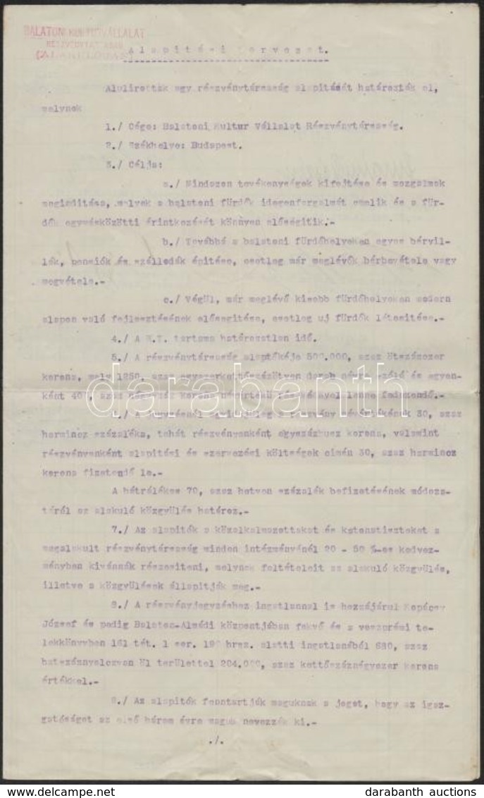 1921 A Balatoni Kultúr Vállalat Rt. Alapítási Tervezete, Gépelt Irat, Aláírásokkal, Bélyegzővel, 4 P. - Ohne Zuordnung