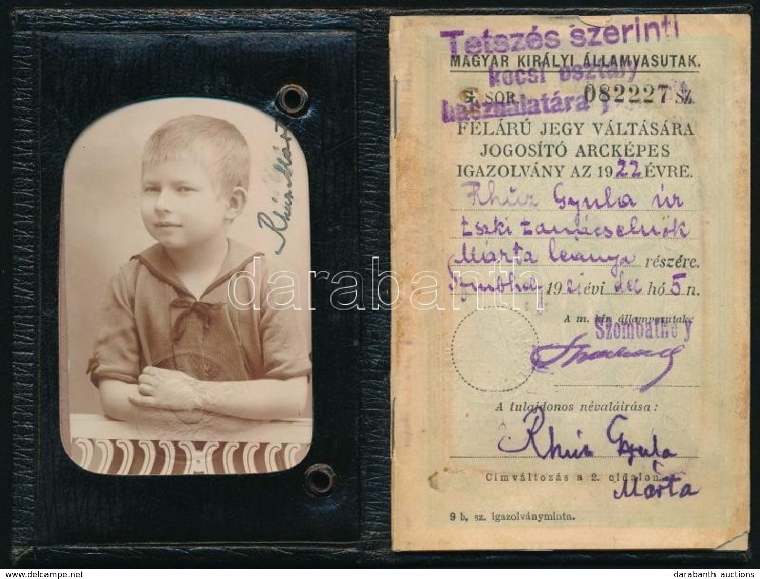 1922-1925 Szombathely,  M. Kir. Államvasutak Fényképes, Félárú Jegy Váltására Jogosító Igazolvány, Tetszés Szerinti Kocs - Non Classificati