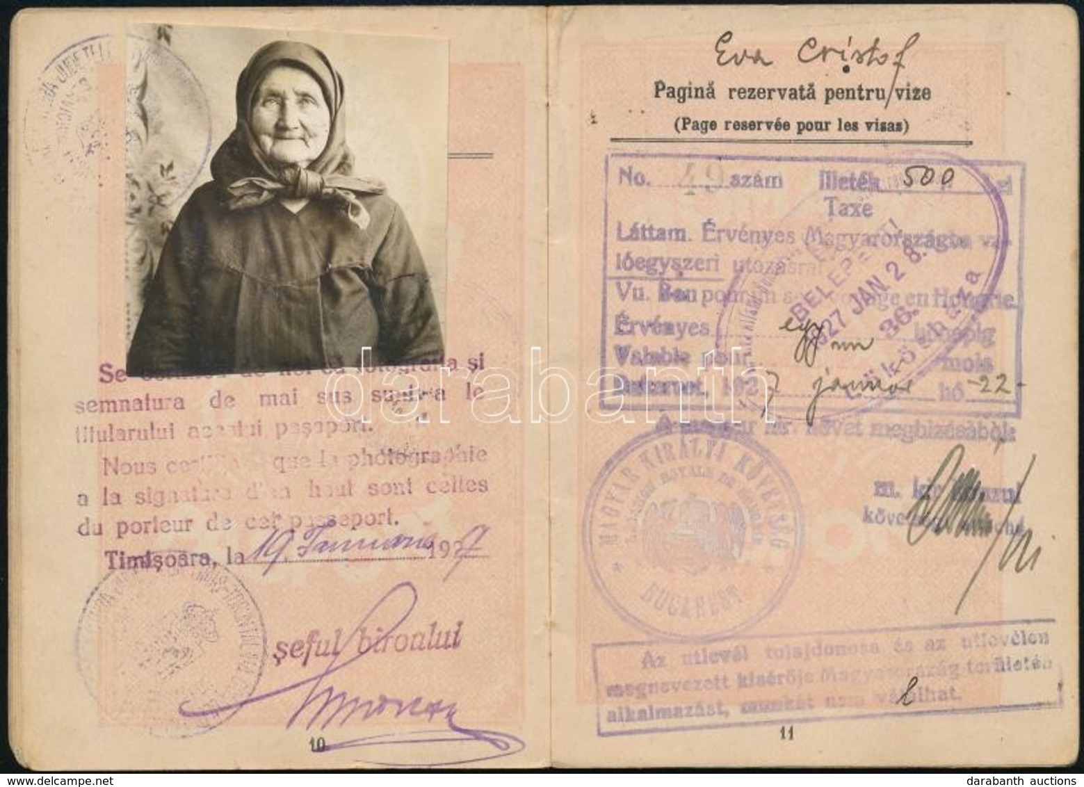 1927 Román Királyság által Kiállított Fényképes útlevél, Bejegyzésekkel / Romanian Passport - Ohne Zuordnung