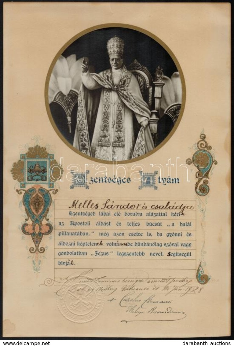 1928 Apostoli áldás Oklevél, Püspöki Aláírással 27x40 Cm - Ohne Zuordnung