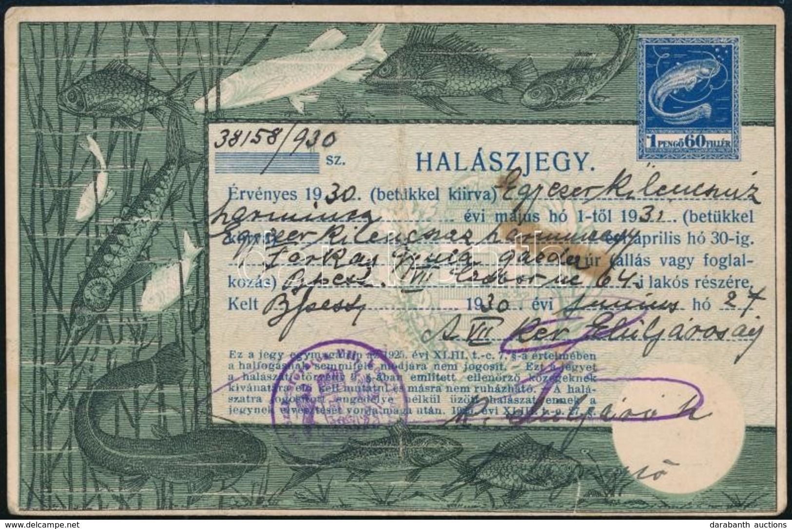 1930 Halászjegy Típ 11. / Fishing Licence - Non Classificati