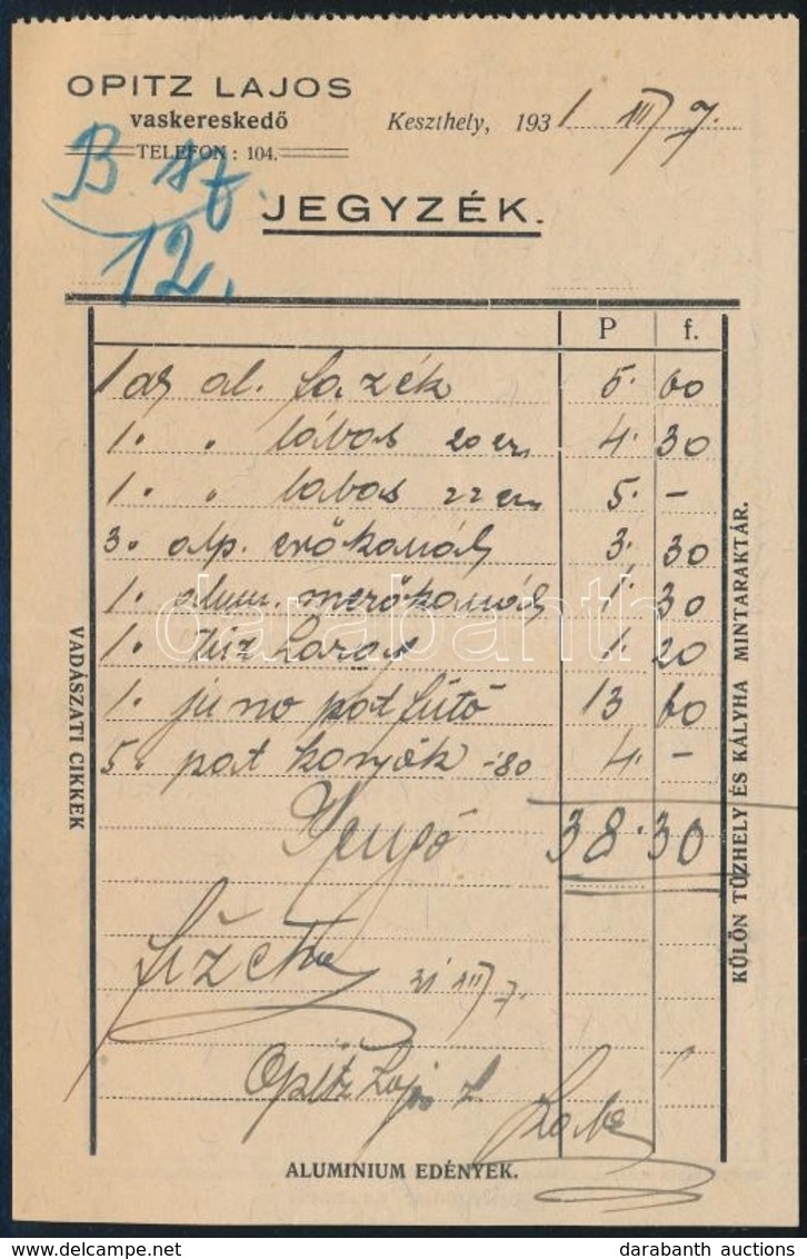 1931 Keszthely, Opitz Lajos Vaskereskedő Fejléces Számlája - Ohne Zuordnung