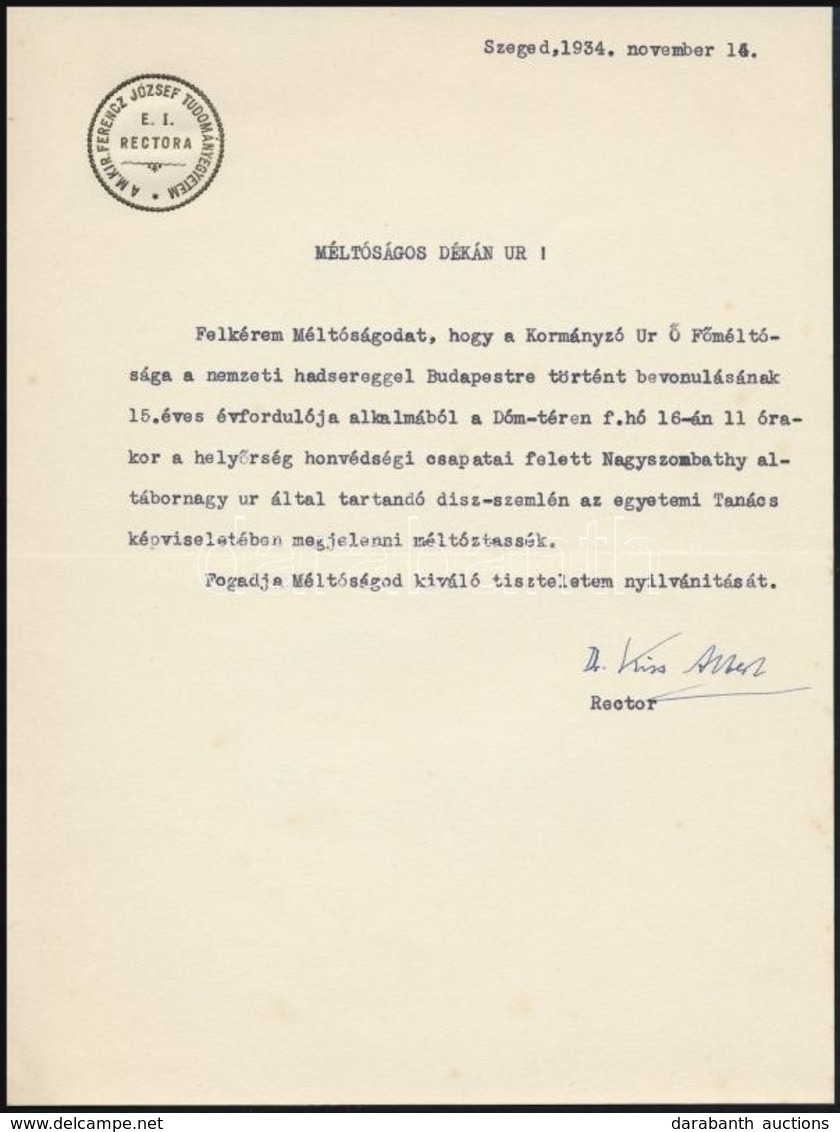 1934 Szeged, A M. Kir. Ferenc József Tudományegyetem Rektora által Küldött Meghívólevél - Ohne Zuordnung