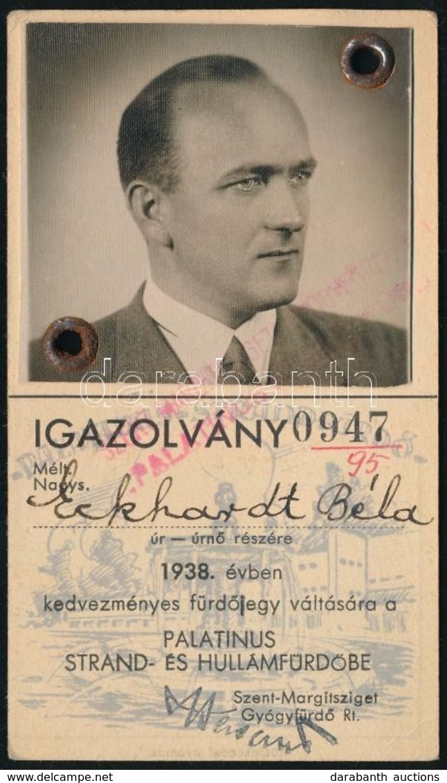1938 Fényképes Belépő Igazolvány A Palatinus Strandfürdőbe, 2 Hónapnyi Bélyegzéssel - Non Classificati