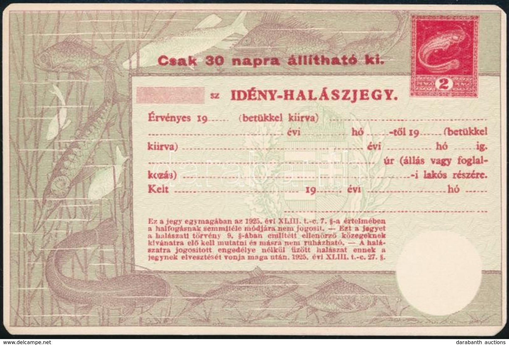 Cca 1940 Halászjegy  Típ 14. / Fishing Licence - Non Classificati