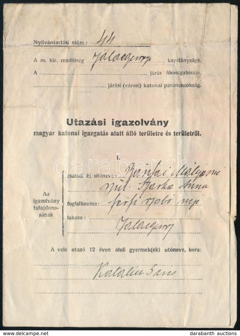 1941 Fényképes Utazási Igazolvány Magyar Katonai Igazgatás Alatt álló Területre és Területről - Ohne Zuordnung