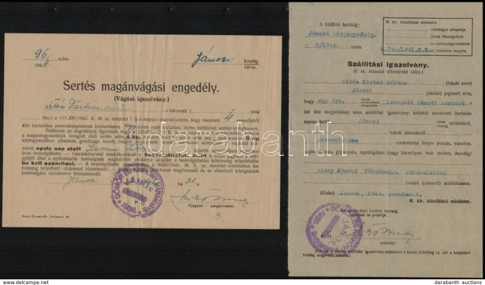 1943-1944 Jánosi (ma:Rimavské Janovce), Szállítási Igazolvány + Sertés Magánvágási Engedély - Non Classificati