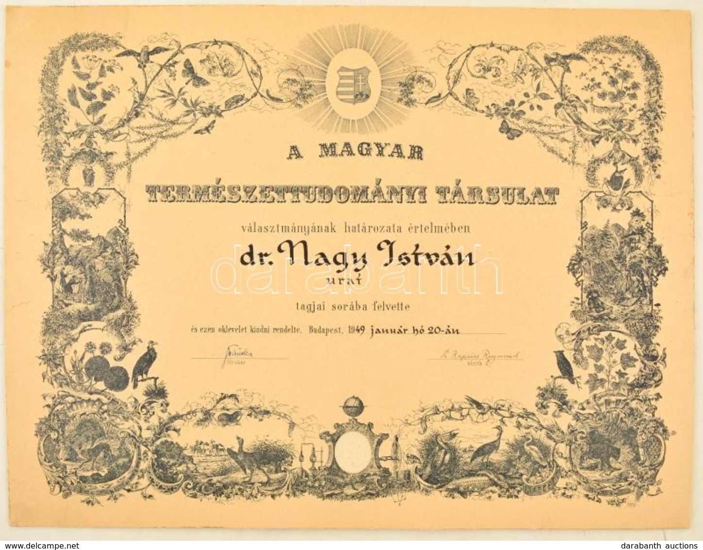 1949 Bp., A Királyi Magyar Természettudományi Társulat által Kiadott Díszes Oklevél Kossuth Címerrel. Kartonra Kasírozva - Ohne Zuordnung