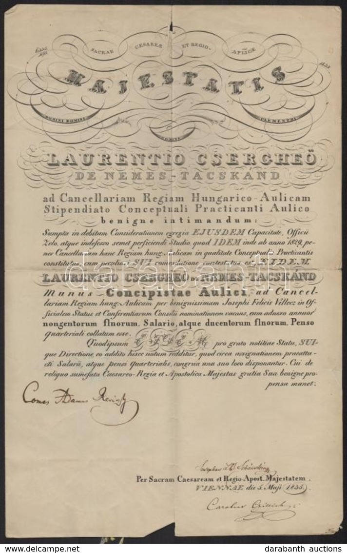 1835 Udvari Szerkeztetői Kinevezés Nemestacskándi Csergheő Lőrinc Részére Gróf Reviczky Ádám (1786-1862) Kancellár Saját - Ohne Zuordnung