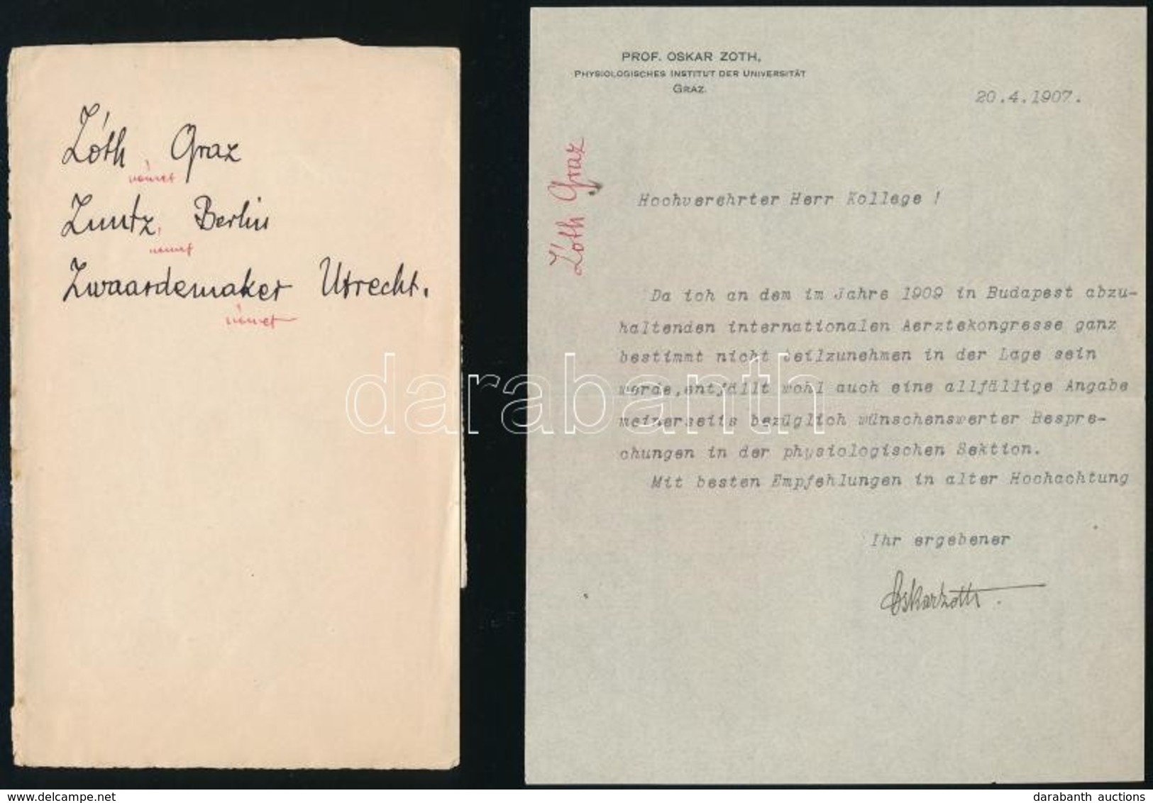 1907 Oskar Zoth és Zwaardemaker Pszichológusok Levele Klug Professzorhoz, 3 Db - Zonder Classificatie