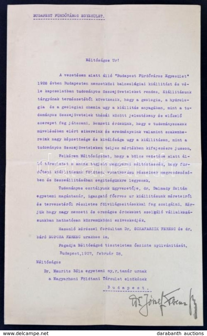 1927 József Főherceg Saját Kézzel Aláírt Levele, Mint A Budapest Fürdőváros Egyesület Elnöke. - Zonder Classificatie