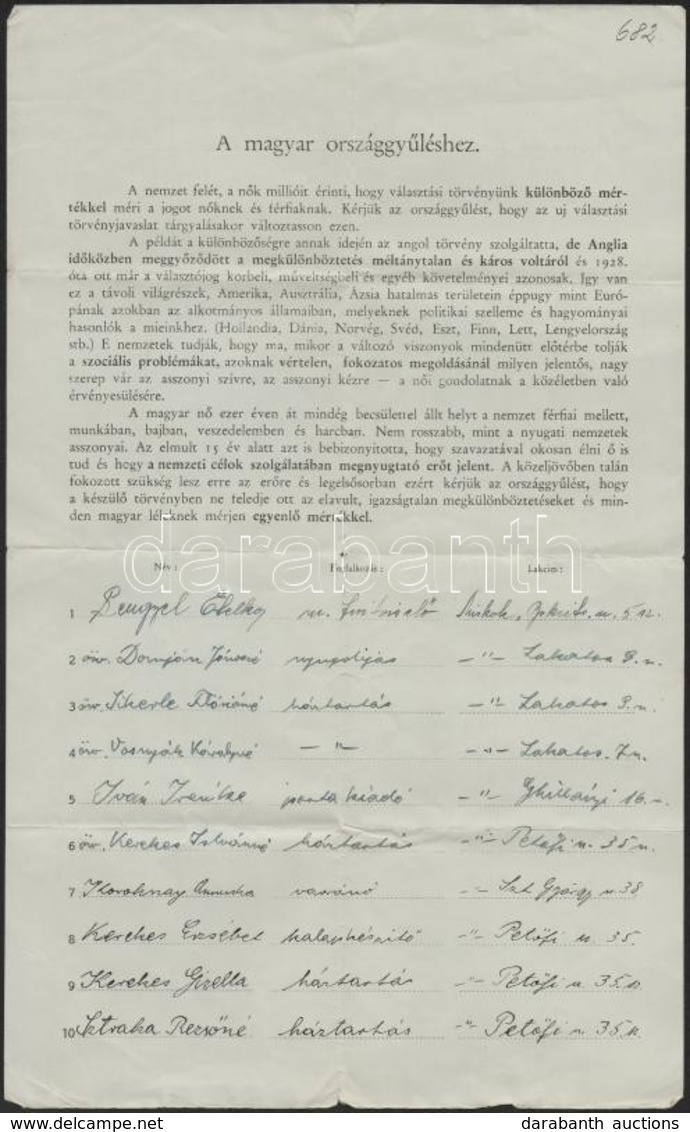 Cca 1930 A Magyar Országgyűlésnek Címzett, általános Női Választójogot Követelő Petíció, Kitöltött Aláíróív - Zonder Classificatie