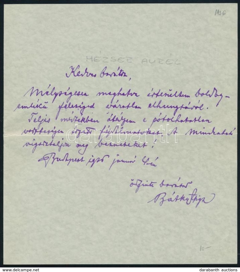 1936 Bátky Zsigmond (1874-1939), A Magyar Nemzeti Múzeum Igazgatójának Kézzel írt Levele - Zonder Classificatie