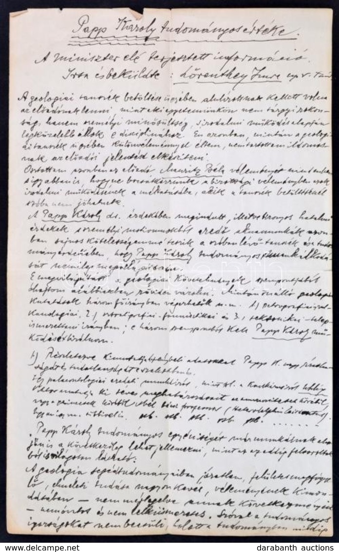 Lőrenthey Imre (1867-1917) Paleontológus, Geológus, Egyetemi Tanár, A Magyar Tudományos Akadémia Levelező Tagja Saját Ké - Ohne Zuordnung