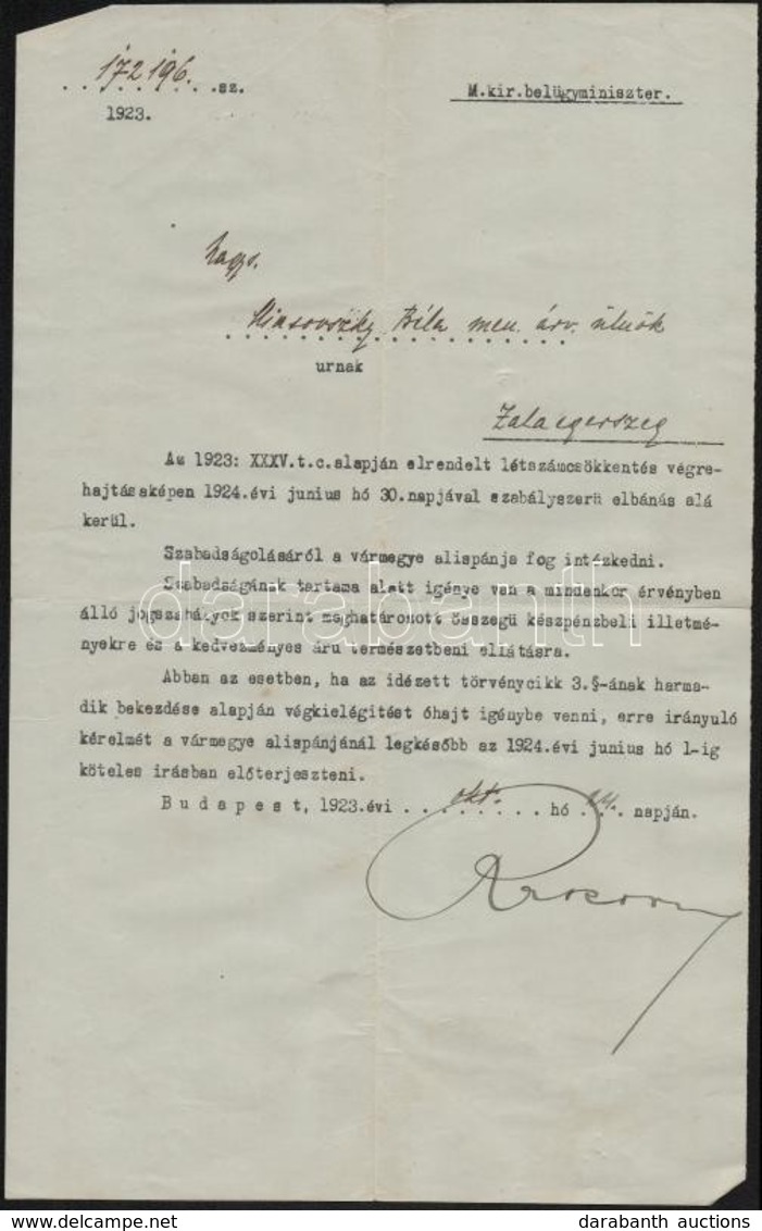 1923 Hivatalos Levél Rakovszky Iván Belügyminiszter Saját Kezű Aláírásával. - Sonstige & Ohne Zuordnung