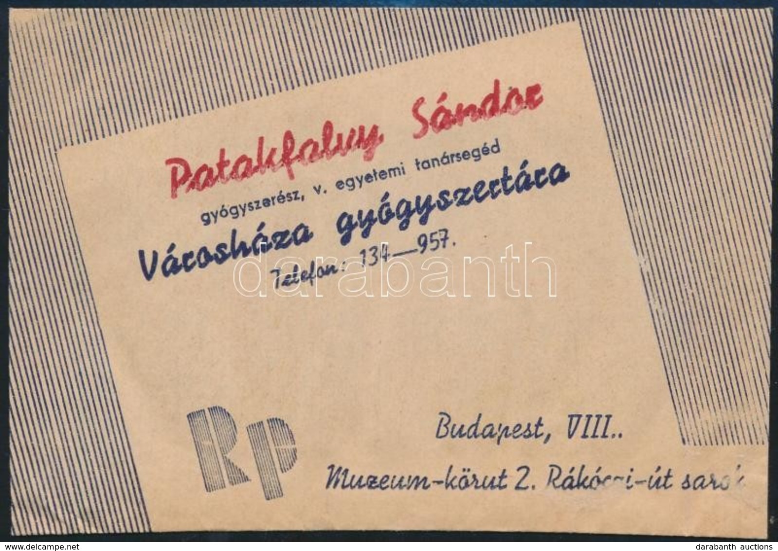 Cca 1930 Patakfalby Sándor Városháza Gyógyszertára Bp., VIII. Receptboríték - Werbung