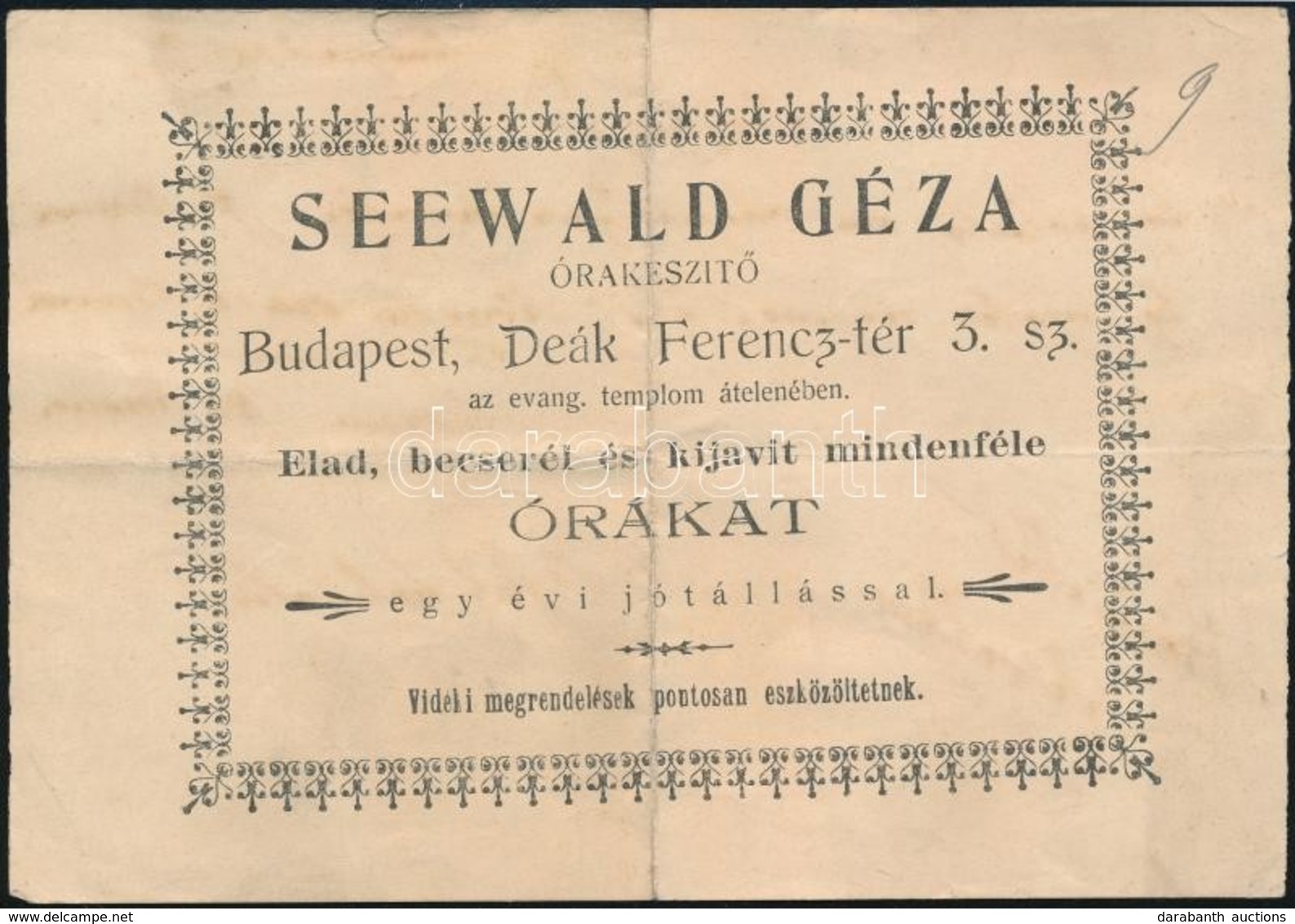 1905 Seewald Géza Órakészítő Budapest Deák Ferenc Tér Reklámlapja, Hátoldalon Számlajegyzékkel - Pubblicitari