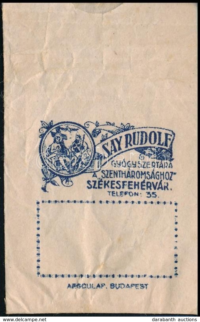 Say Rudolf Gyógyszertára A Szentháromsághoz Székesfehérvár Papírtasak, 7×4,5 Cm - Pubblicitari