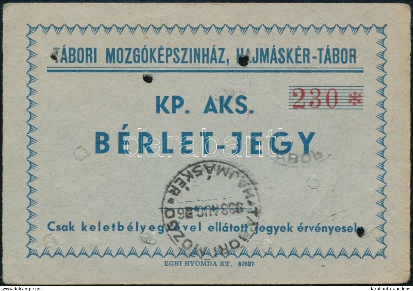 1938 Hajmáskér-Tábor, Tábori Mozgóképszínház Bérletjegye Felhasználási Pecsétekkel, Szép állapotban - Andere & Zonder Classificatie