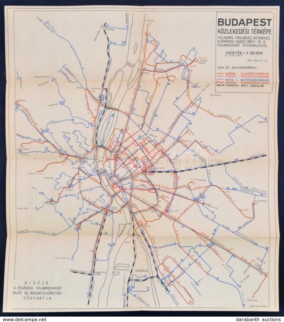 Budapest Közlekedési Térképe, 1:50000, Fővárosi Villamosvasút Sajtó és Balesetelhárítási Csoportja, 40×36 Cm - Sonstige & Ohne Zuordnung