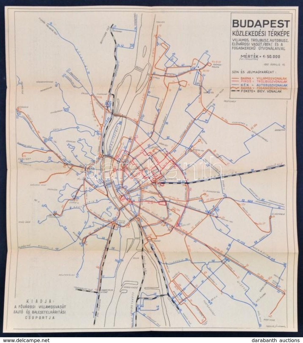 Budapest Közlekedési Térképe, 1:50000, Fővárosi Villamosvasút Sajtó és Balesetelhárítási Csoportja, 40×36 Cm - Andere & Zonder Classificatie