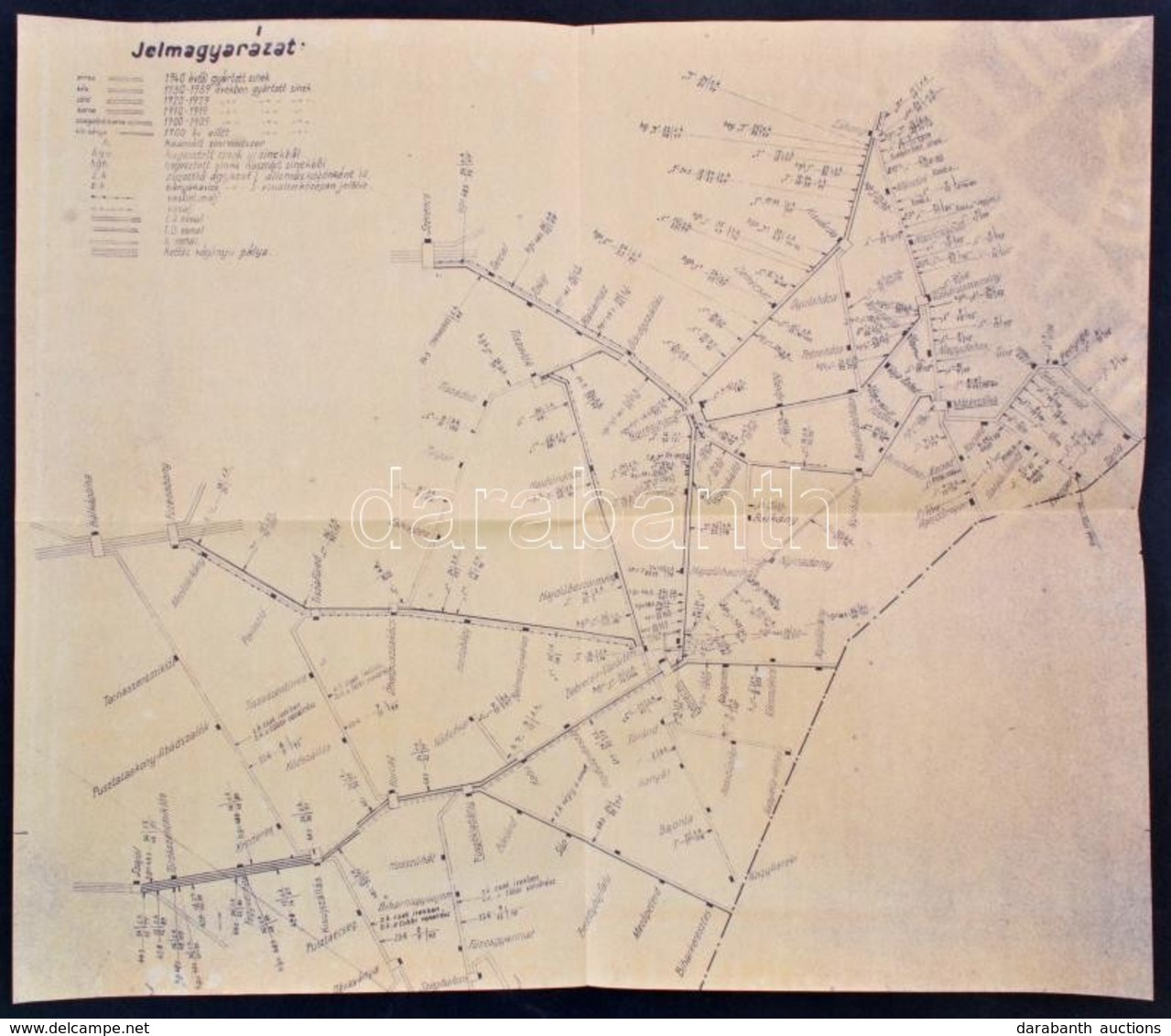 Cca 1950 Debrecen és Környéke Vonatsíneinek Felmérése és Térképe. Rajta A Sínek Készítésének éveivel. 42x36 Cm - Sonstige & Ohne Zuordnung