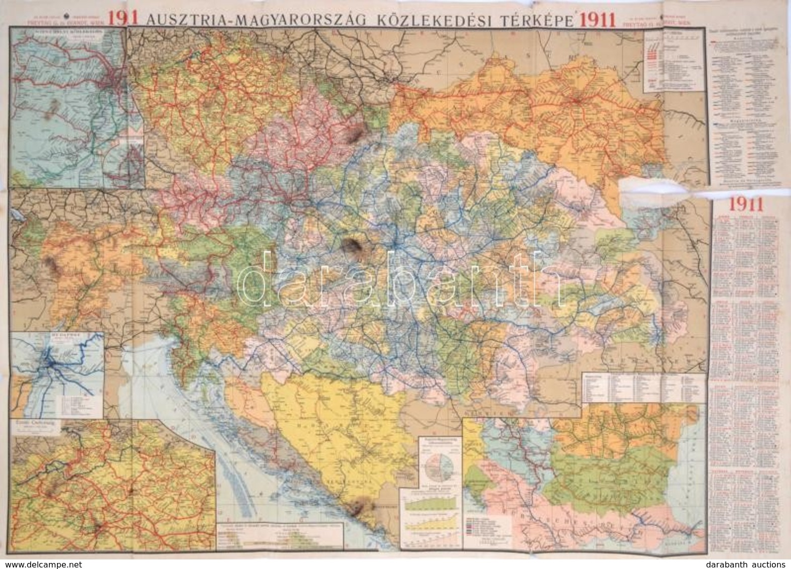 1911 Ausztria-Magyarország Közlekedési Térképe, Színes, Litografált Térkép, 1:1.500.000, 1912-es Naptárral. Wien, Freyta - Altri & Non Classificati