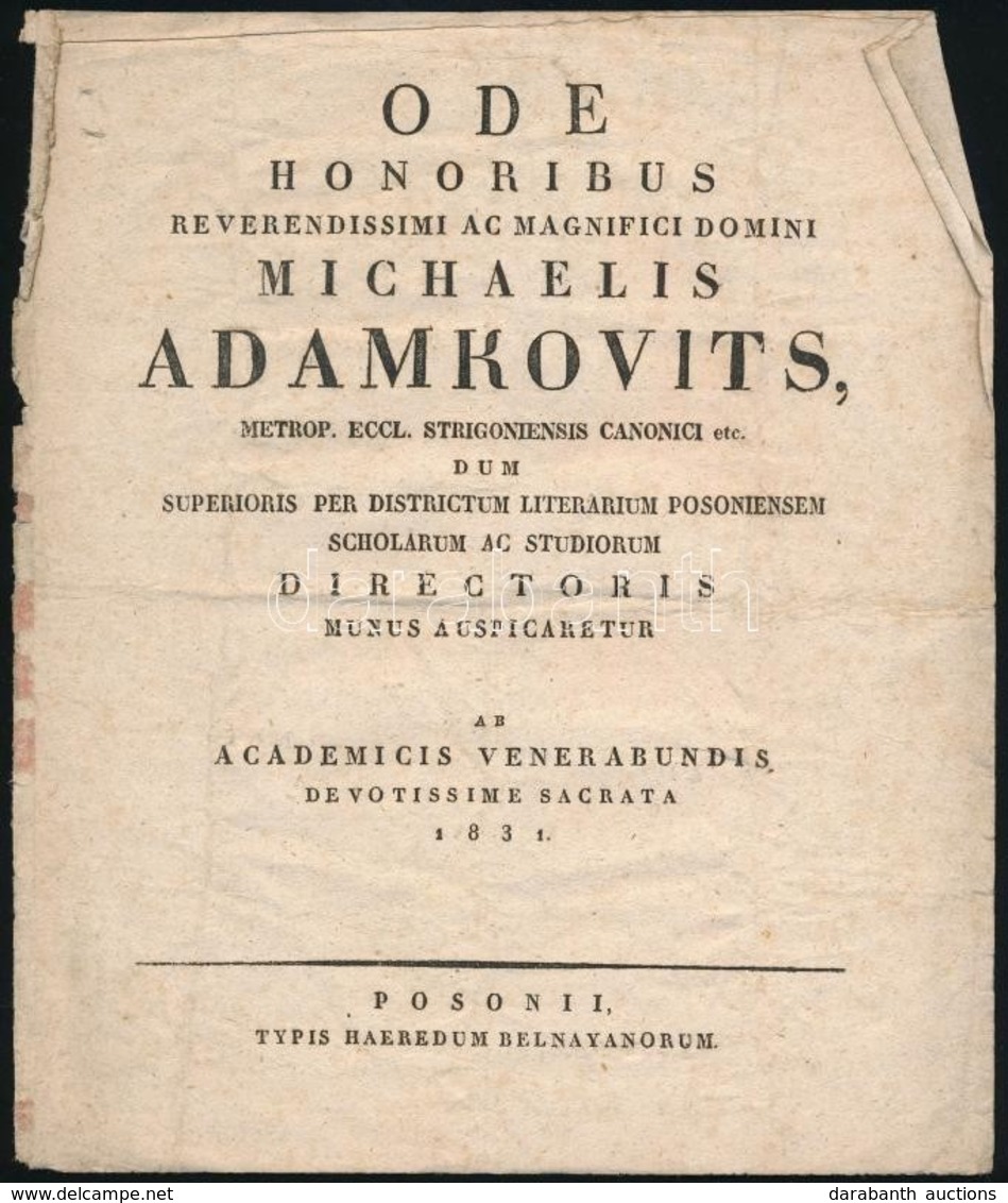 1831 Antonius Huber: Ode Honoribus Reverendissimi Ac Magnifici Domini Michaelis Adamkovits, Metrop. Eccl. Strigoniensis  - Non Classificati