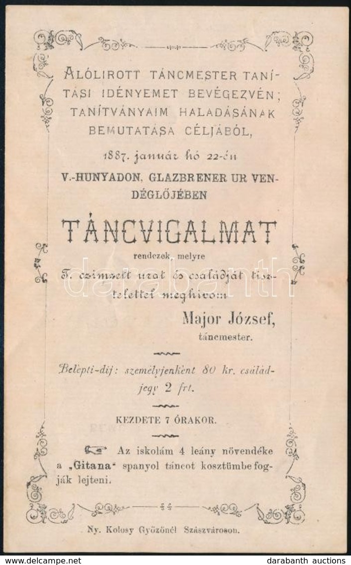 1887 Vajdahunyad Meghívó Táncmester által Rendezett Táncvigalomra. Nyomtatványként Futott. 11x18 Cm - Non Classificati