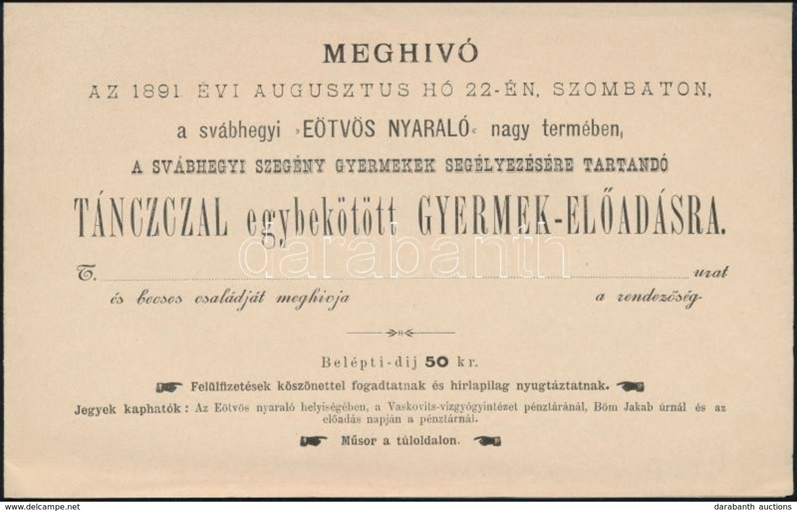1891 Meghívó A Svábhegyi Eötvös Nyaraló Nagy Termében Rendezett Gyermekelőadásra - Zonder Classificatie