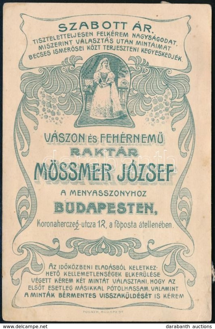 Cca 1895-1900 Mössmer József Vászon- és Fehérnemű Kereskedő Szecessziós Reklámlapja, Hátoldalán Termékmintákkal, Jó álla - Zonder Classificatie