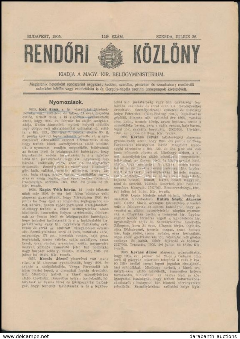 1897, 1905 A Rendőri Közlöny Két Száma - Sin Clasificación