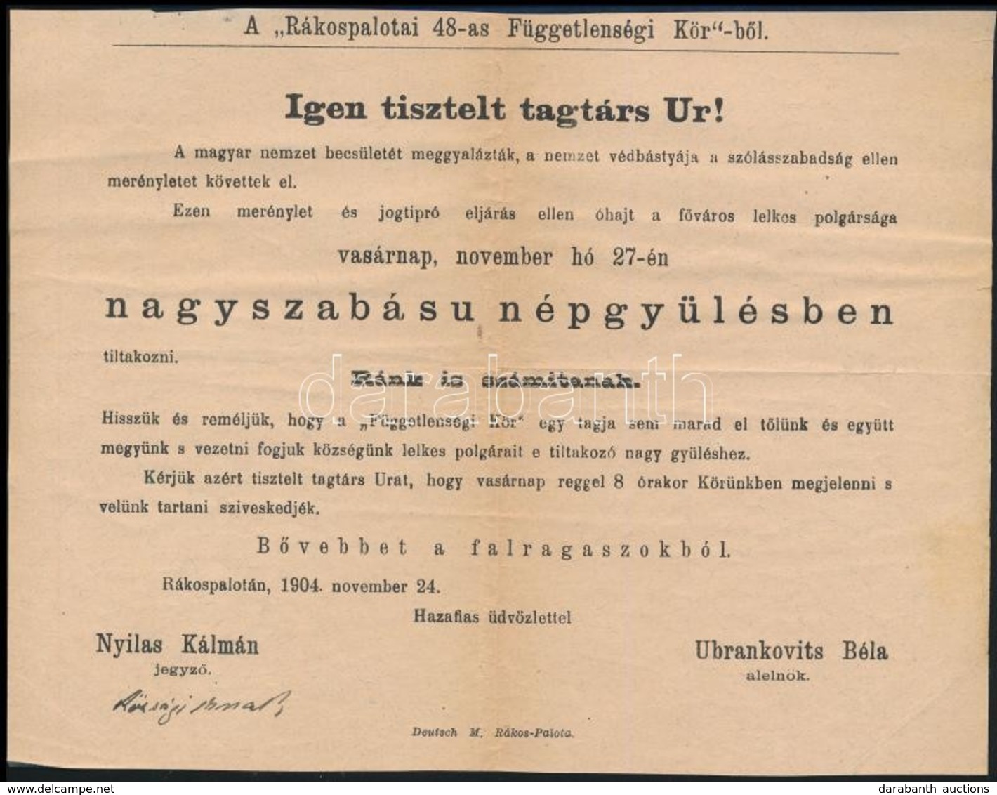 1904 Rákospalota 48-as Függetlenségi Kör A Zsebkendőszavazás Elleni Tüntetésre Hívó Röplapja - Non Classificati
