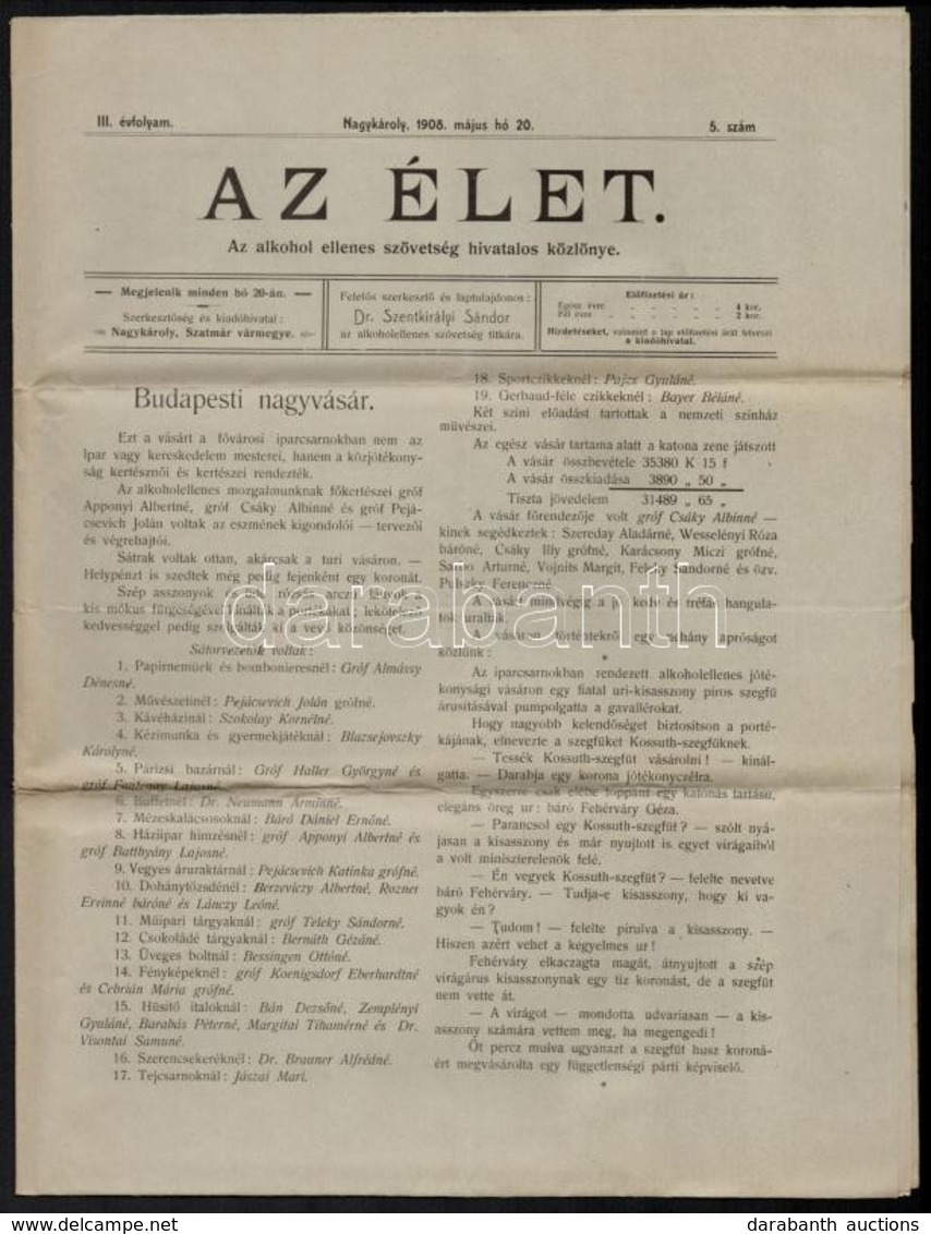 1908 Nagykároly. Az Élet C. újság, Az Alkohol Ellenes Szövetség Hivatalos Közlönye. III. évf  5 . Száma - Non Classificati