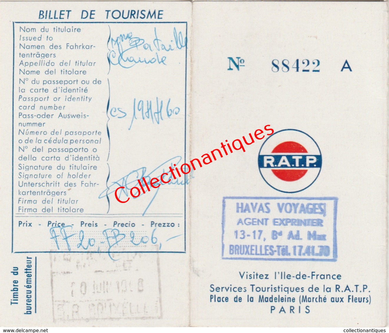 Billet De Tourisme R.A.T.P. Août 1966 Havas Voyages Bruxelles Pour Voyager Pendant 7 Jours à Paris - Europa