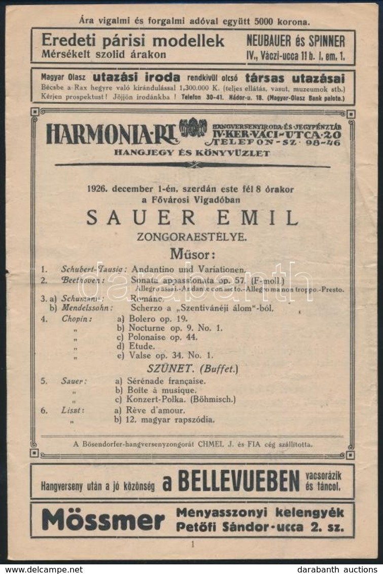 1926 Sauer Emil Zongoraestélye. Hangverseny Prospektus Reklámokkal 4p. - Non Classificati