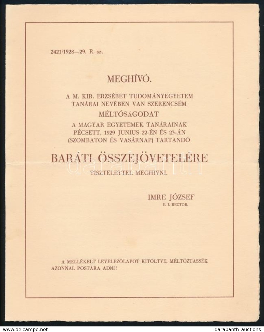 1929 Meghívó A M. Kir. Erzsébet Tudományegyetem Tanárai Számára Tartott Baráti összejövetelre - Non Classificati