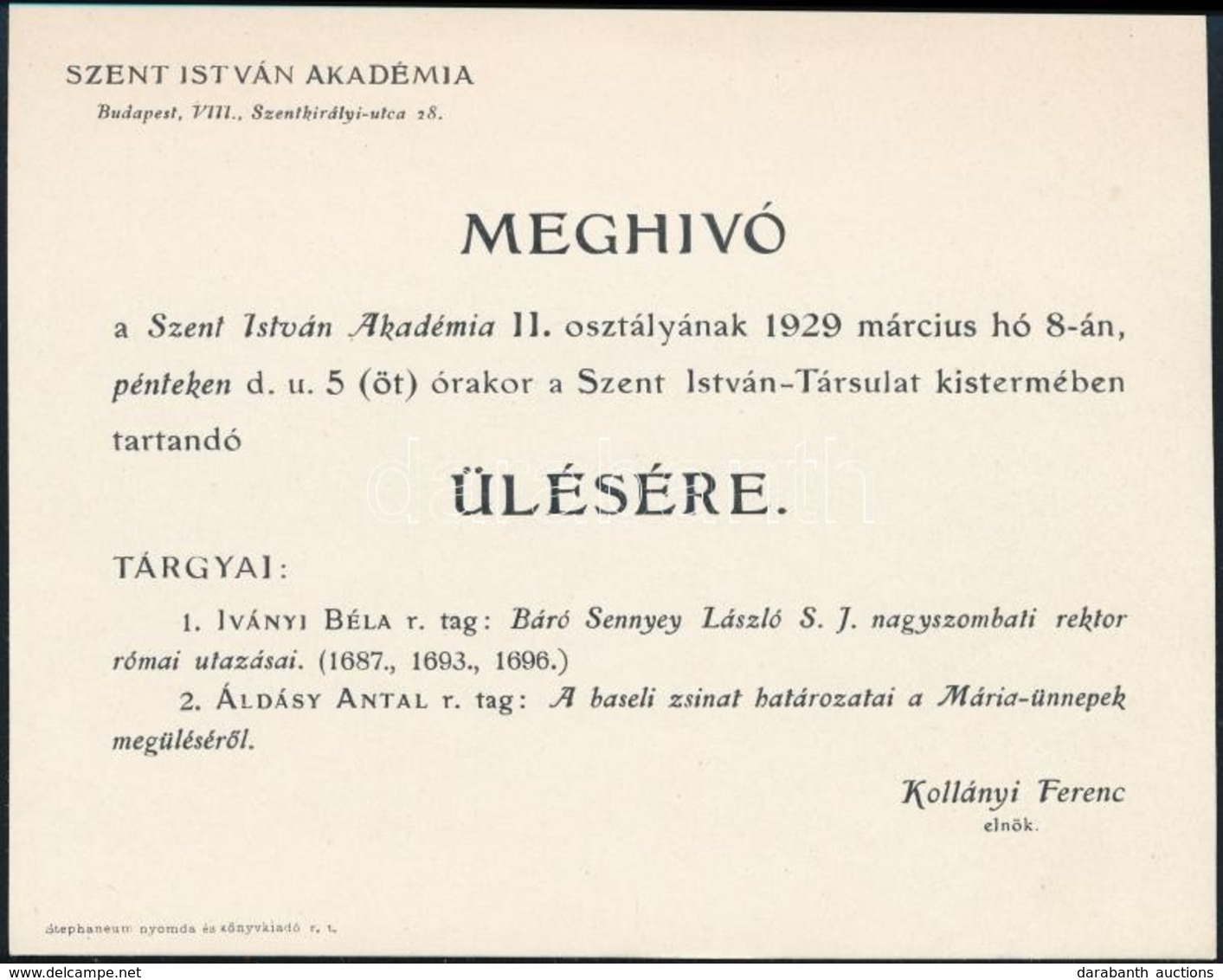 1929 Bp. VIII., Meghívó A Szent István Akadémia ülésére - Non Classificati