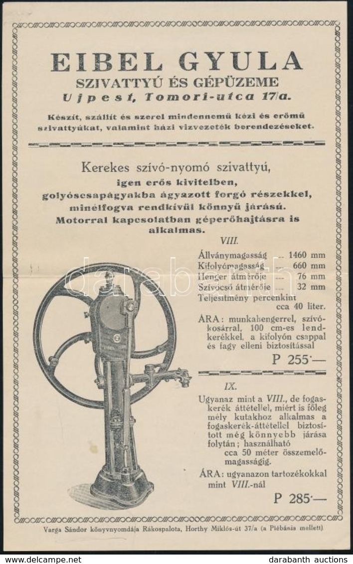 Cca 1930 Eibel Gyula Szivattyú és Gépüzem Két Képes Reklám Nyomtatvány - Non Classificati