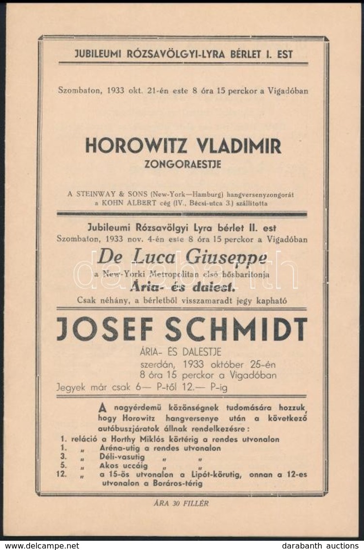 1933 Horowitz Vladimir Zongoraestje. Prospektus 10p. - Non Classés