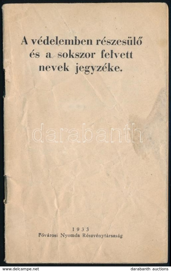 1933 A Védelemben Részesülő és A Sokszor Felvett Nevek Jegyzéke, 39p - Non Classificati