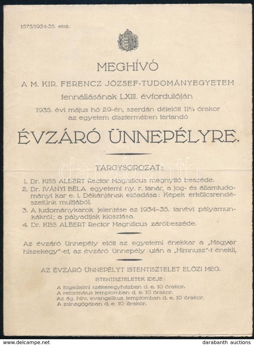 1935 Ferenc József Tudományegyetem évzáró Meghívója - Non Classificati