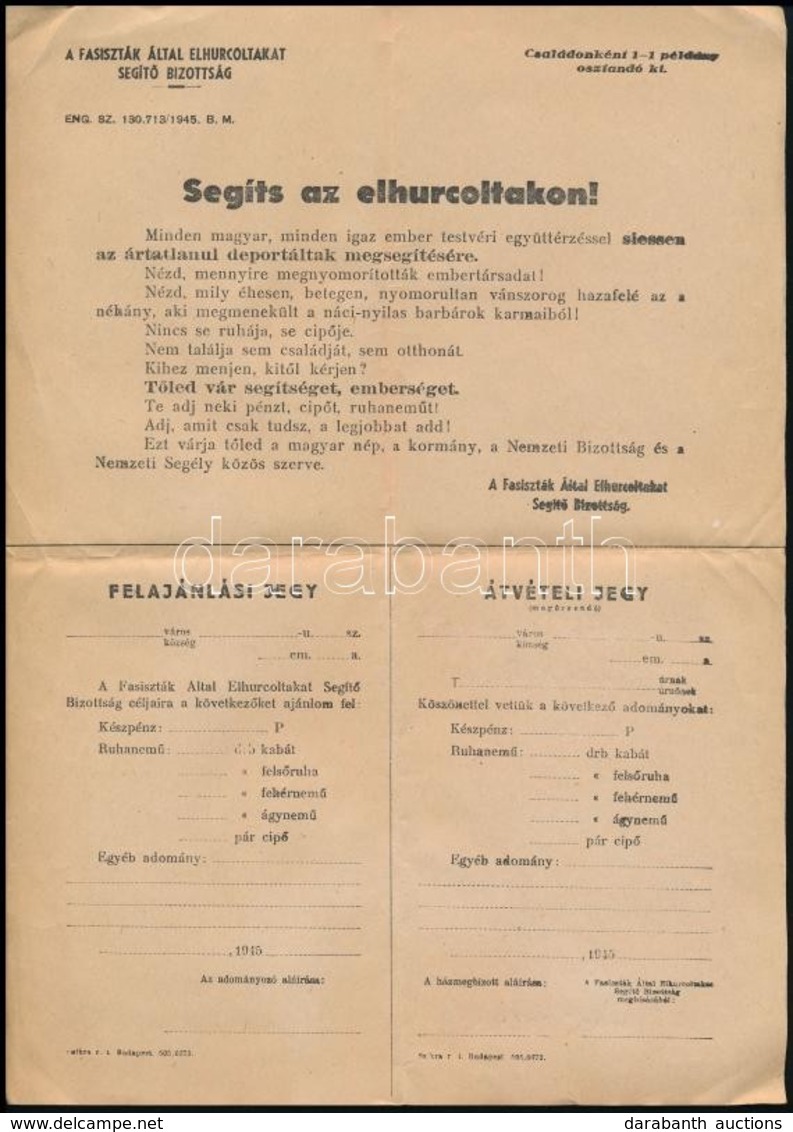 1945 A Fasiszták Által Elhurcoltakat Segítő Bizottság Segítségkérő Nyomtatványa / űrlapja - Non Classificati