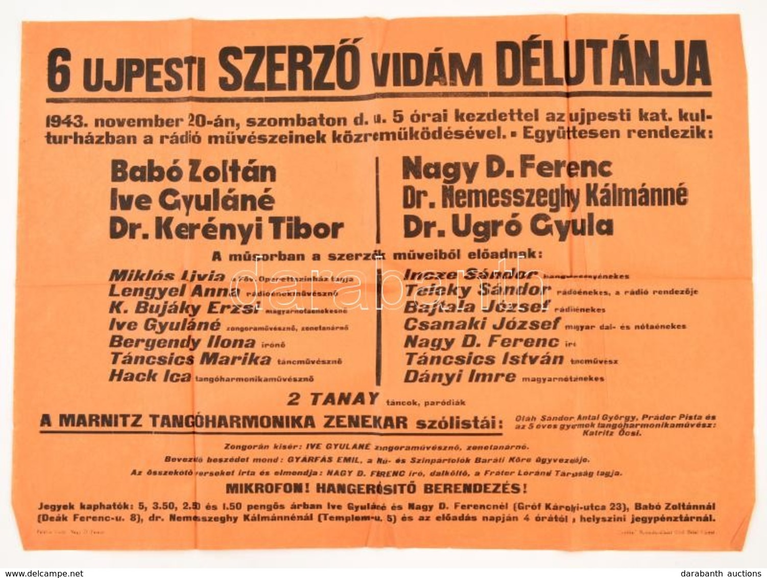 1943 6 újpesti Szerző Vidám Délutánja, Plakát, Hajtott, 42×60 Cm - Sonstige & Ohne Zuordnung